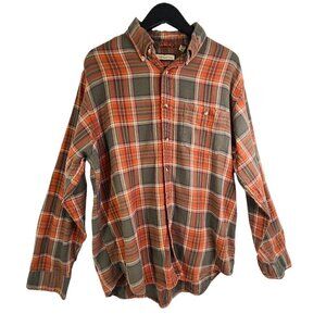 G.H. Bass Co Orange Brown Plaid Flannel Shacket Button Down Shirt VTG